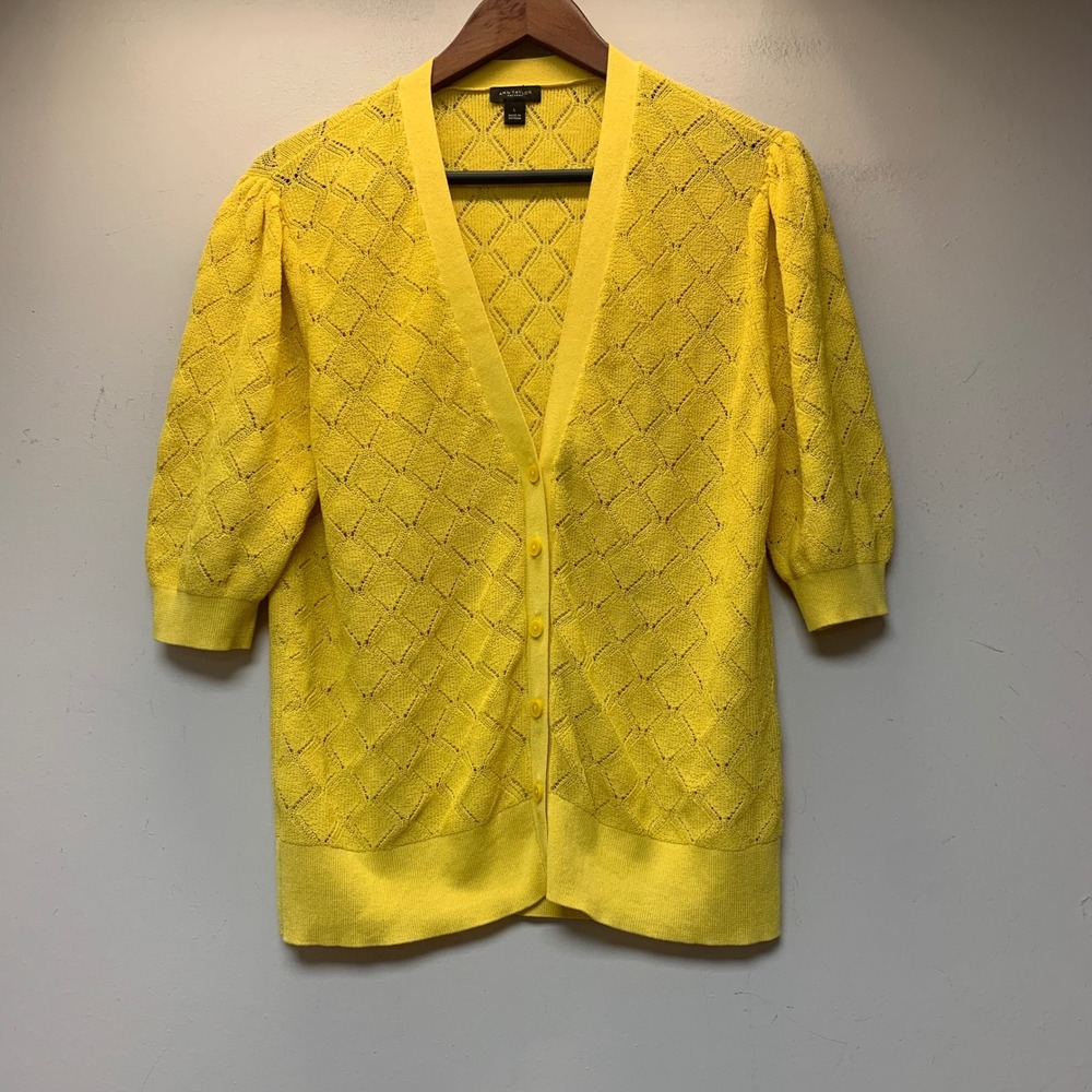 Ann Taylor Factory Cardigan Women Large Yellow Excellent Puff Sleeve Pointelle